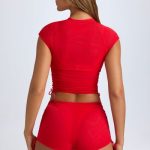 Sheer Ruched Cropped T-Shirt in Fiery Red - Image 6