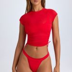 Sheer Ruched Cropped T-Shirt in Fiery Red - Image 7