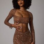 Sheer Embellished Long Sleeve Crop Top in Mocha