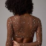 Sheer Embellished Long Sleeve Crop Top in Mocha - Image 2