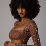 Sheer Embellished Long Sleeve Crop Top in Mocha - Image 3
