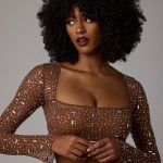 Sheer Embellished Long Sleeve Crop Top in Mocha - Image 6