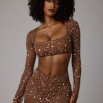 Sheer Embellished Long Sleeve Crop Top in Mocha - Image 7