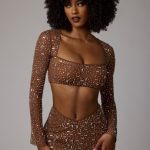 Sheer Embellished Long Sleeve Crop Top in Mocha - Image 8