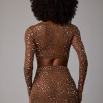 Sheer Embellished Long Sleeve Crop Top in Mocha - Image 10