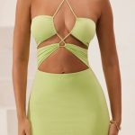Cut Out Halter Neck Floor Length Maxi Dress in Lime Green - Image 7