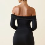 Off-Shoulder Ruched Bodycon Mini Dress in Black - Image 2