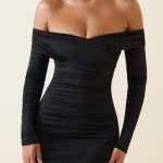 Off-Shoulder Ruched Bodycon Mini Dress in Black - Image 4