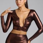 Plunge Neck Metallic Jersey Crop Top in Copper Bronze