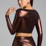 Plunge Neck Metallic Jersey Crop Top in Copper Bronze - Image 2