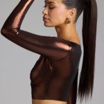 Plunge Neck Metallic Jersey Crop Top in Copper Bronze - Image 3
