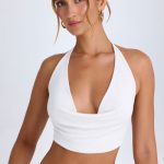 Cowl-Front Halterneck Crop Top in White - Image 5