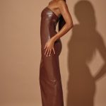 Strapless Vegan Leather Maxi Dress in Brown - Image 3