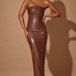 Strapless Vegan Leather Maxi Dress in Brown - Image 6