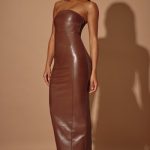 Strapless Vegan Leather Maxi Dress in Brown - Image 7
