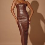 Strapless Vegan Leather Maxi Dress in Brown - Image 8