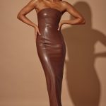Strapless Vegan Leather Maxi Dress in Brown - Image 9