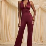 Scarf-Detail Halterneck Jumpsuit in Wine Red