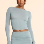 Mid Rise Ruched Modal Cashmere Blend Mini Skirt in Stone Blue