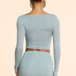 Mid Rise Ruched Modal Cashmere Blend Mini Skirt in Stone Blue - Image 2