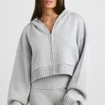 Cropped Zip Up Chunky Knit Hoodie in Heather Grey