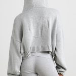 Cropped Zip Up Chunky Knit Hoodie in Heather Grey - Image 2