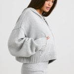 Cropped Zip Up Chunky Knit Hoodie in Heather Grey - Image 3