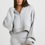 Cropped Zip Up Chunky Knit Hoodie in Heather Grey - Image 5