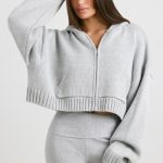 Cropped Zip Up Chunky Knit Hoodie in Heather Grey - Image 6