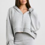 Cropped Zip Up Chunky Knit Hoodie in Heather Grey - Image 7