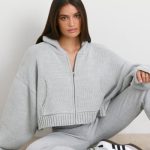 Cropped Zip Up Chunky Knit Hoodie in Heather Grey - Image 8