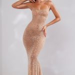 Sheer Embellished Scoop Neck Evening Gown in Almond