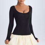 Scoop-Neck Drop-Waist Bubble Hem Mini Dress in Vanilla