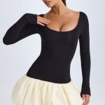 Scoop-Neck Drop-Waist Bubble Hem Mini Dress in Vanilla - Image 6
