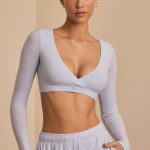 Brushed Jersey Wrap Crop Top in Soft Blue