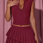 Layered Pleated Low-Rise Mini Skirt in Wine Red - Image 4