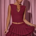 Layered Pleated Low-Rise Mini Skirt in Wine Red - Image 6