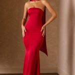 Scarf-Detail Strapless Gown in Scarlet Red - Image 5
