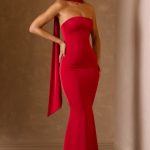 Scarf-Detail Strapless Gown in Scarlet Red - Image 6