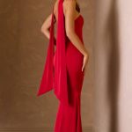 Scarf-Detail Strapless Gown in Scarlet Red - Image 7
