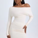 Modal Off-Shoulder Ruched Mini Dress in Ivory - Image 8