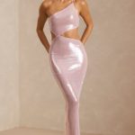 Sheer Sequin One Shoulder Cut Out Maxi Dress in Lilac