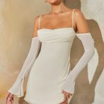 Long Sleeve Bardot Mini Dress in Stone
