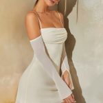Long Sleeve Bardot Mini Dress in Stone - Image 3