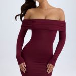 Modal Off-Shoulder Mini Dress in Wine Red - Image 5