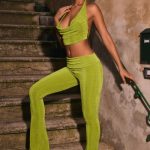 Petite Ruched Mid-Rise Trousers in Pear Green