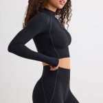 Soft Active Half Zip Crop Top in Black - Image 3
