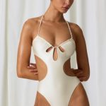 Pearl-Detail Cut-Out Halterneck Swimsuit in Pearl White