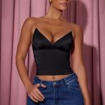 Ruched Plunge-Neck Camisole Top in Black