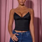 Ruched Plunge-Neck Camisole Top in Black - Image 6